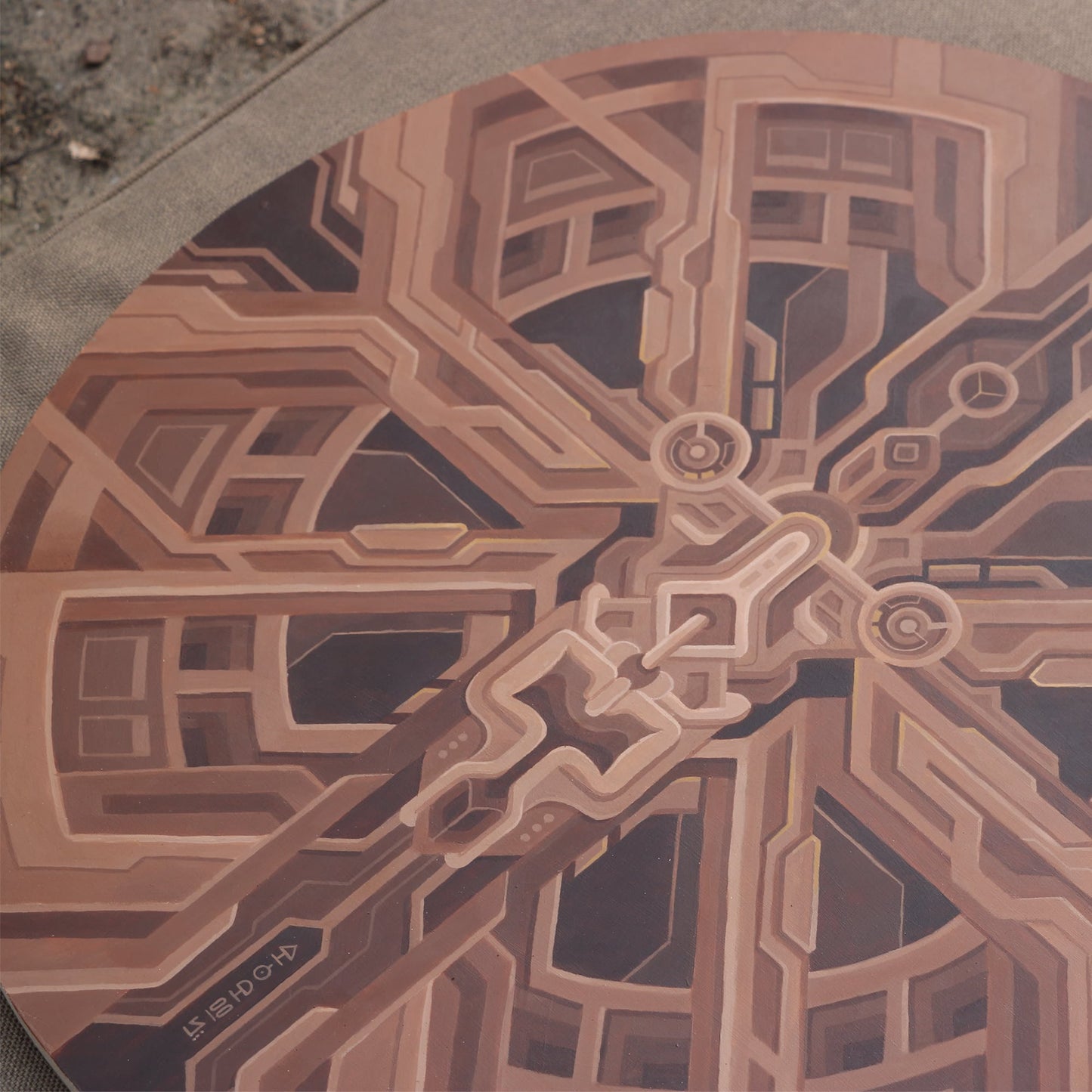 Brown alien round acrylic painting2