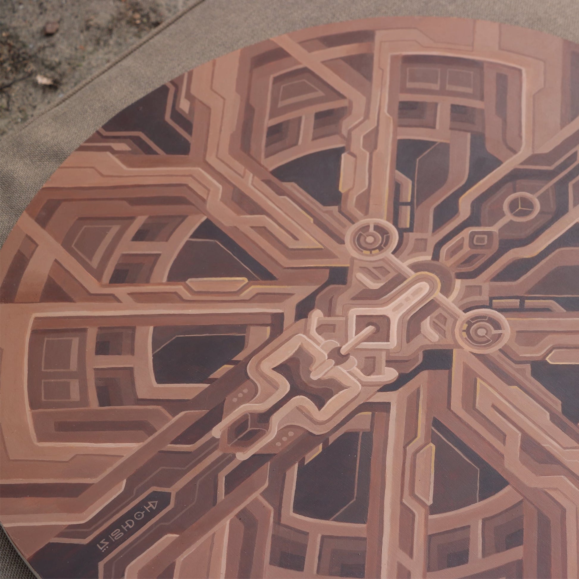 Brown alien round acrylic painting2